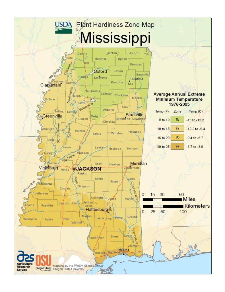 Plant hardiness zone map - Mississippi.
